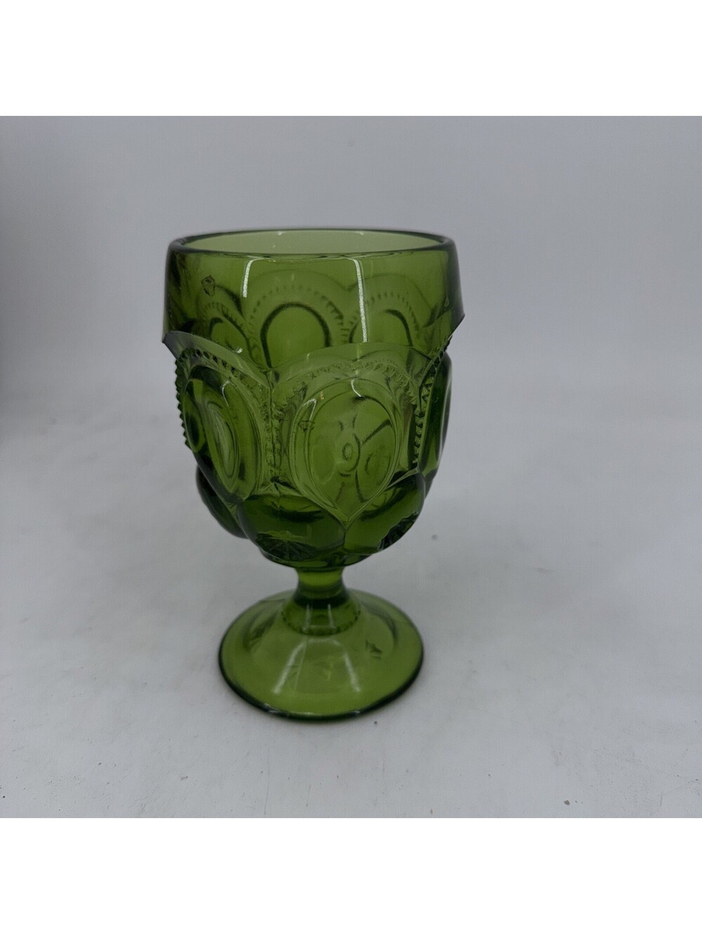 L.E. Smith Moon & Star Water Goblet Glass Green 6" Tall Top 3” wide